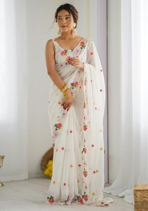 White Printed Georgette Saree Set — view on Indya