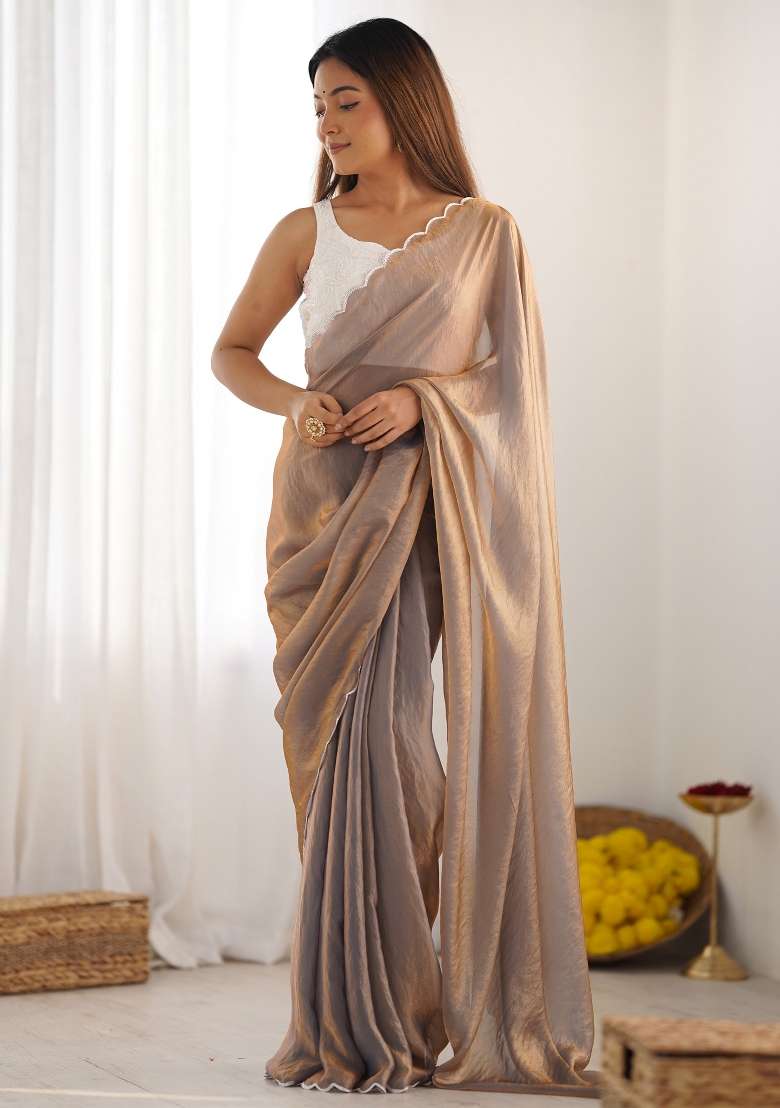 Bronze Printed Satin Silk Blend Saree Set for Diwali and Festive Wear - Indya