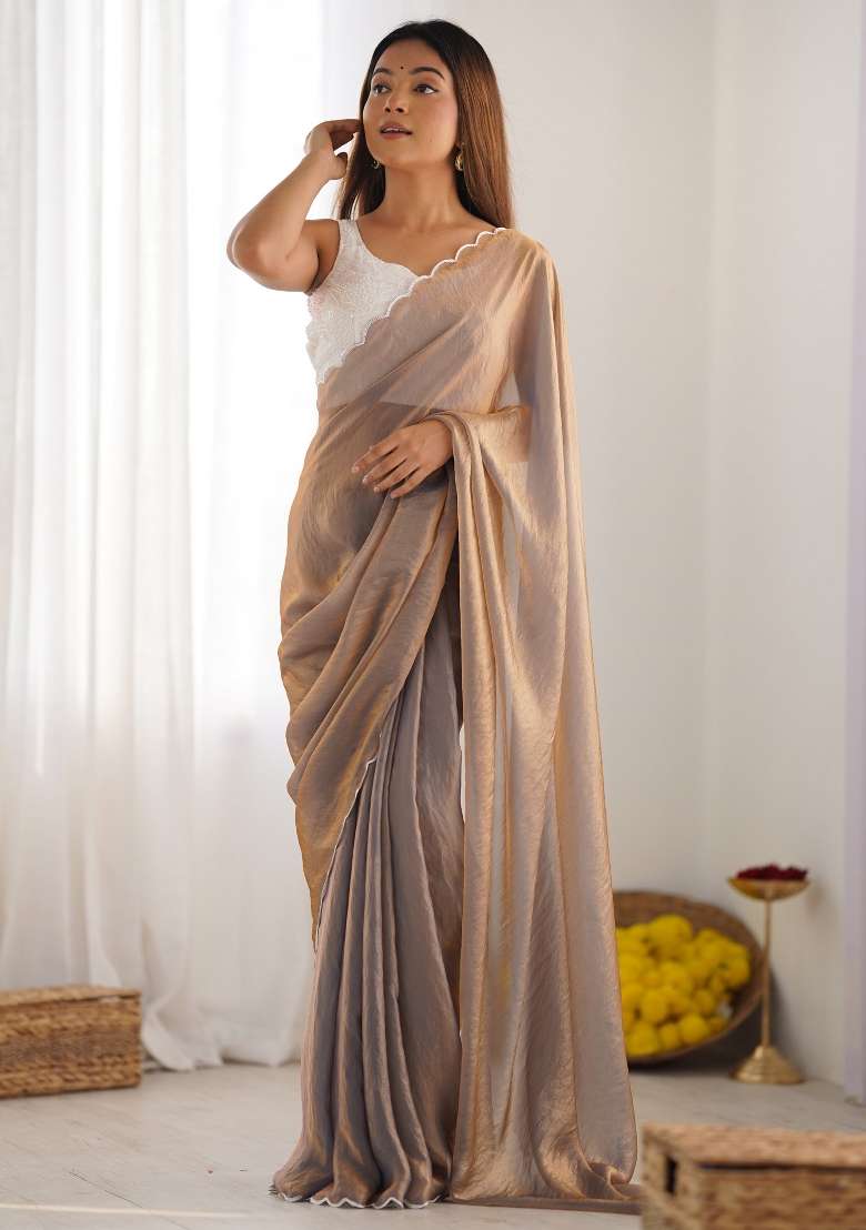 Bronze Printed Satin Silk Blend Saree Set for Diwali and Festive Wear - Indya