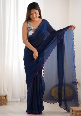 Teal Blue Printed Satin Silk Saree Set
