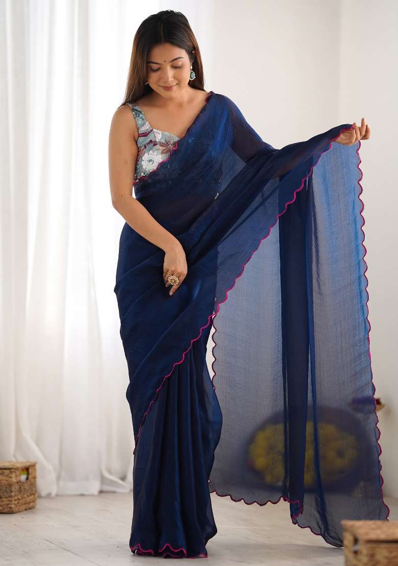 Teal Blue Printed Satin Silk Saree Set - Indya
