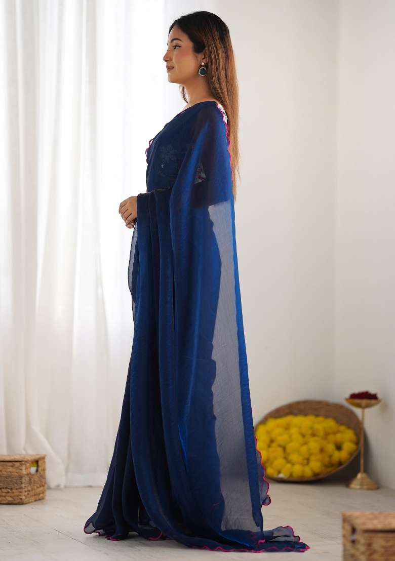 Teal Blue Printed Satin Silk Saree Set - Indya