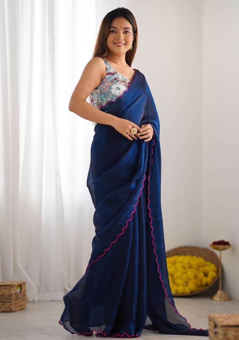 Teal Blue Printed Satin Silk Saree Set - Indya