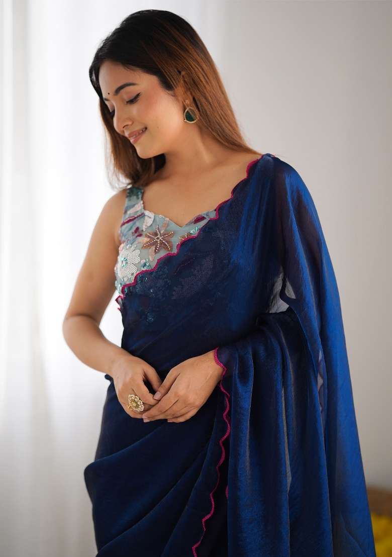 Teal Blue Printed Satin Silk Saree Set - Indya