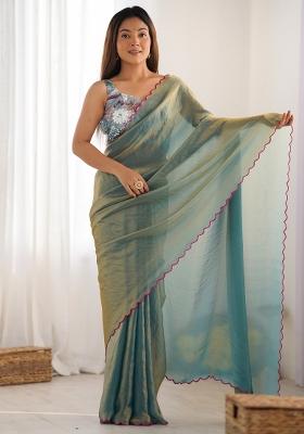Sea Green Printed Satin Silk Saree Set