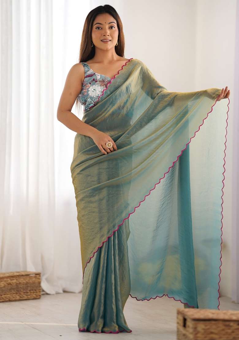 Sea Green Blend Satin Silk Saree Set with Printed for Diwali | Wedding & Festive Wear - Indya