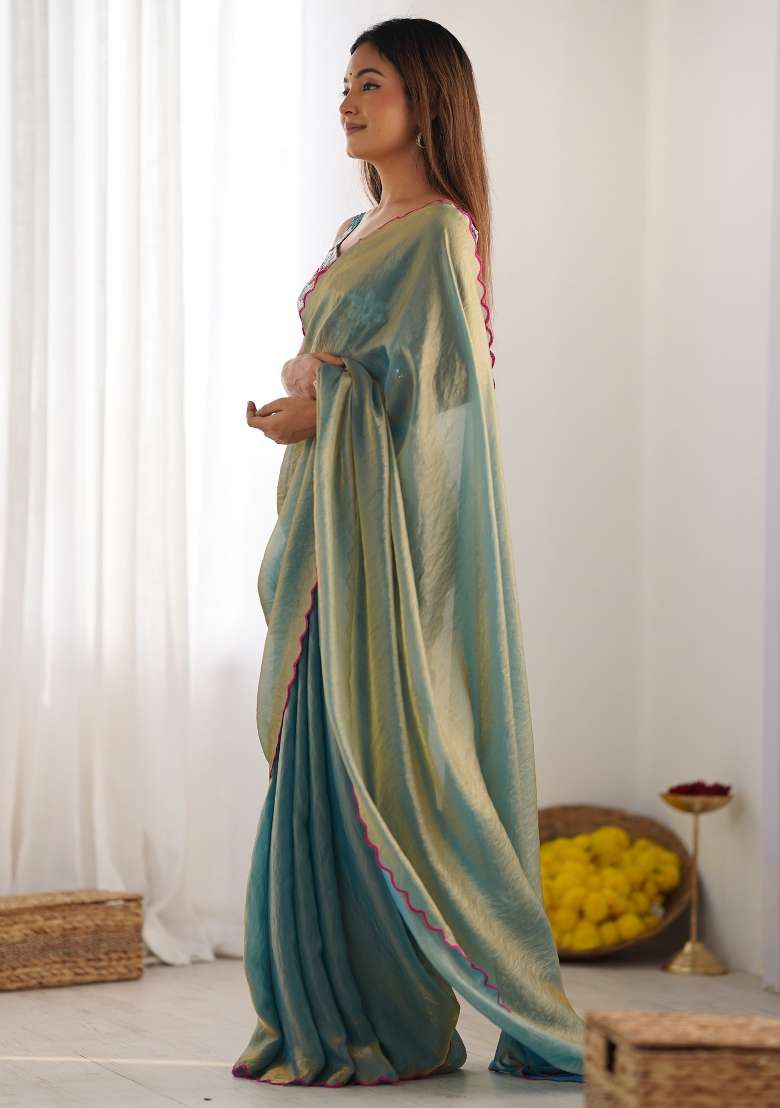 Sea Green Blend Satin Silk Saree Set with Printed for Diwali | Wedding & Festive Wear - Indya