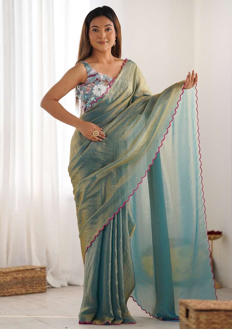 Sea Green Blend Satin Silk Saree Set with Printed for Diwali | Wedding & Festive Wear - Indya