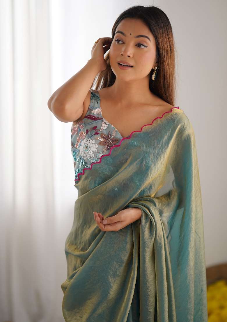 Sea Green Blend Satin Silk Saree Set with Printed for Diwali | Wedding & Festive Wear - Indya