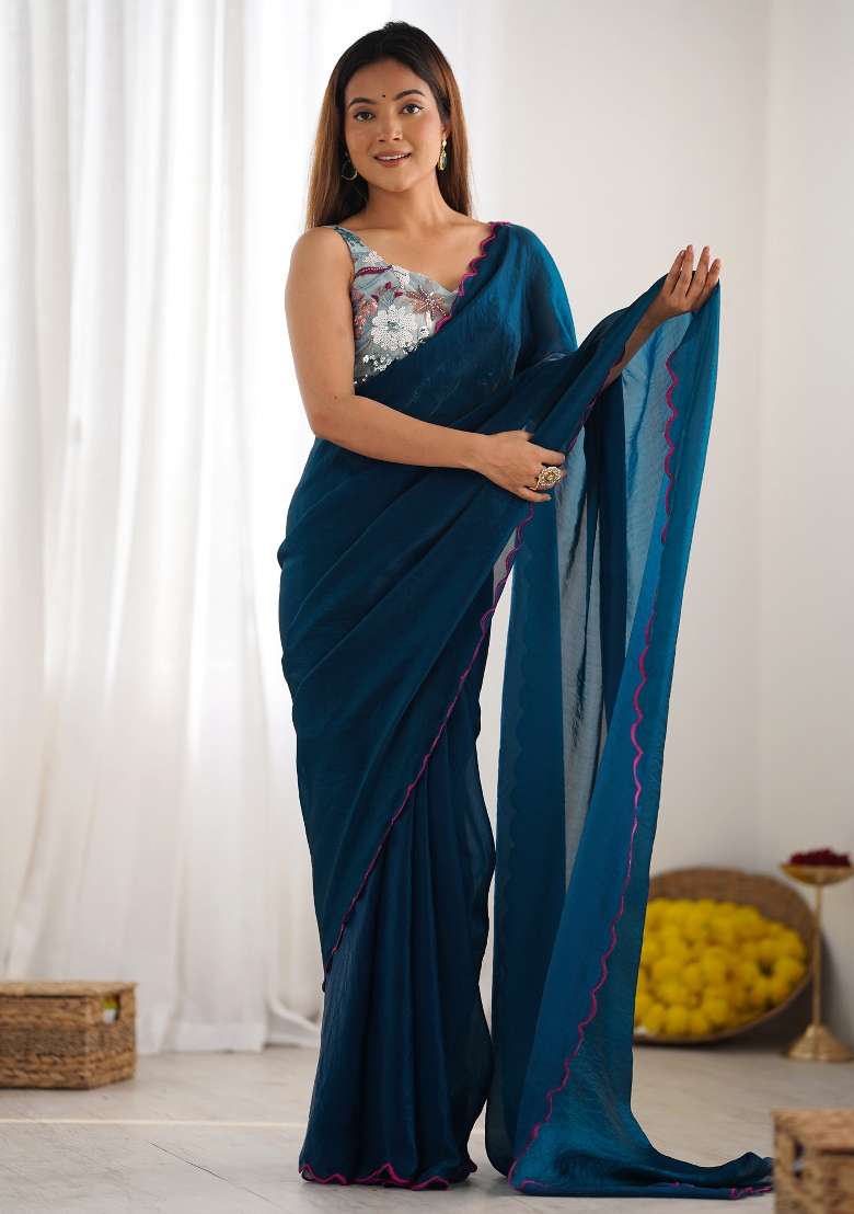 Teal Blue Blend Satin Silk Saree Set with Printed for Diwali | Wedding & Festive Wear - Indya