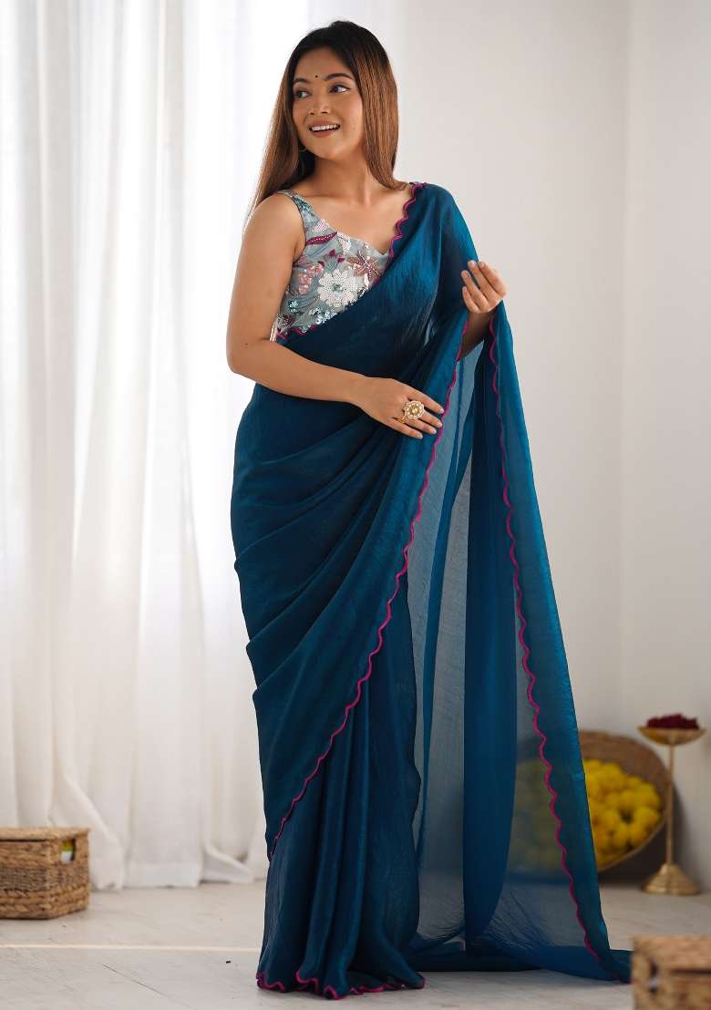 Teal Blue Blend Satin Silk Saree Set with Printed for Diwali | Wedding & Festive Wear - Indya