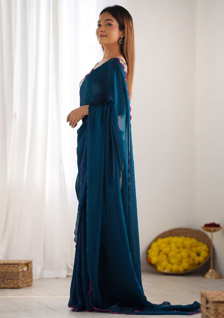 Teal Blue Blend Satin Silk Saree Set with Printed for Diwali | Wedding & Festive Wear - Indya
