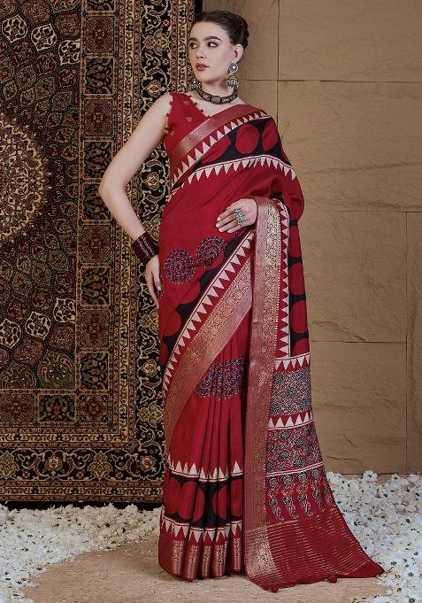 Red Printed Viscose Silk Saree Set — view on Indya