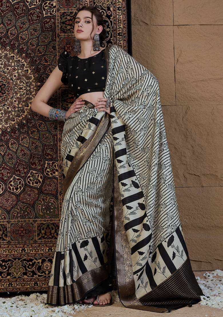 Off White Printed Viscose Silk Blend Saree Set - Indya