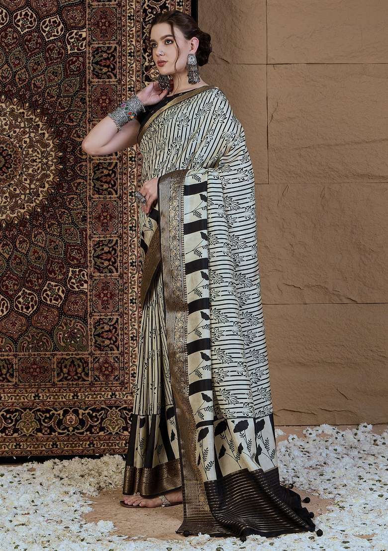 Off White Printed Viscose Silk Blend Saree Set - Indya