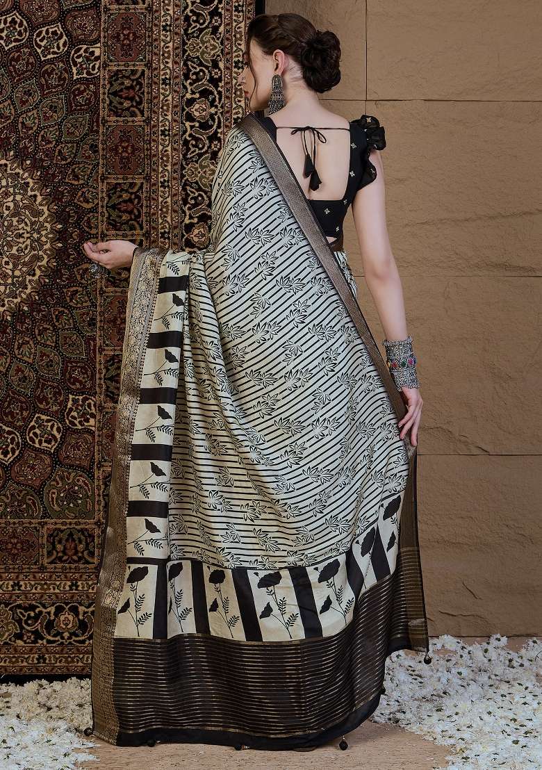 Off White Printed Viscose Silk Blend Saree Set - Indya
