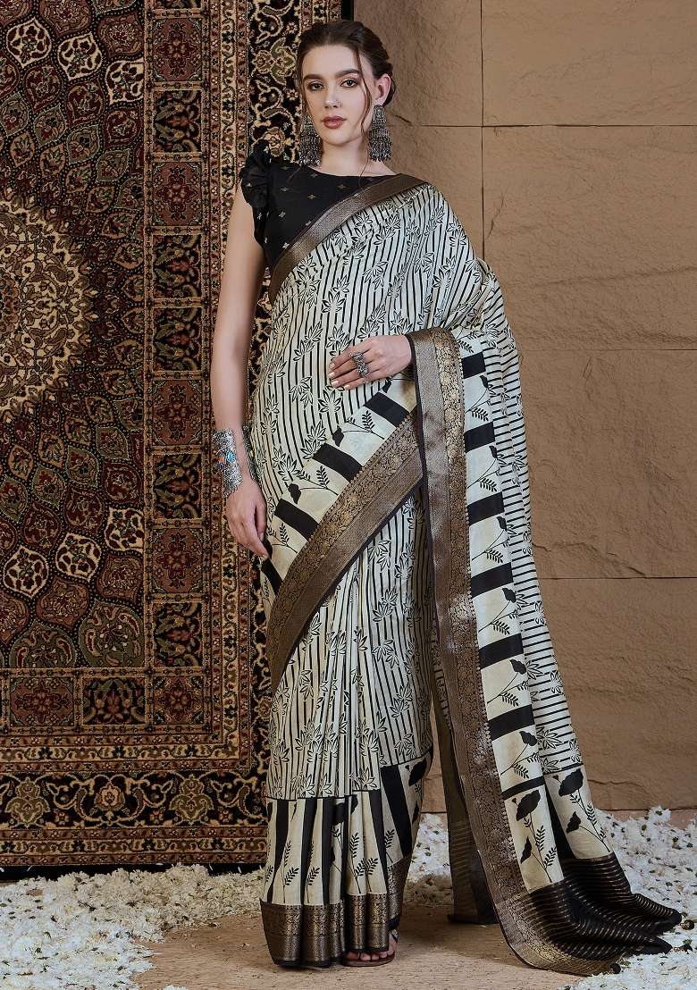 Off White Printed Viscose Silk Blend Saree Set - Indya