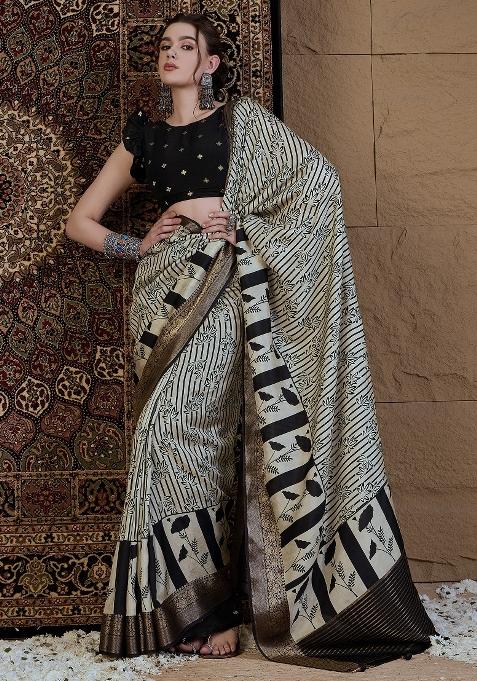 Off White Printed Viscose Silk Saree Set — view on Indya