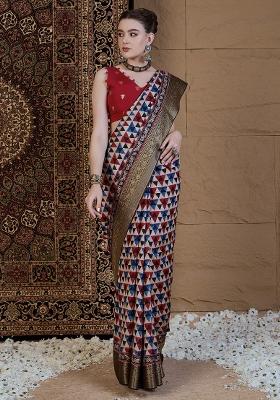 Beige Printed Viscose Silk Saree Set