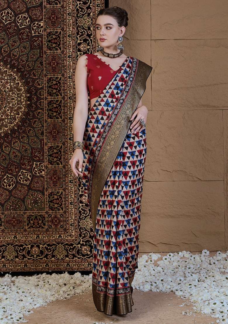 Beige Printed Viscose Silk Blend Saree Set - Indya