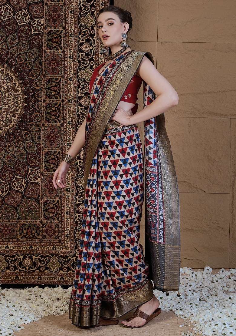 Beige Printed Viscose Silk Blend Saree Set - Indya