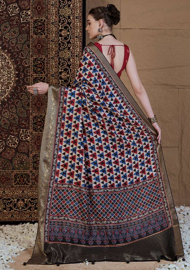 Beige Printed Viscose Silk Blend Saree Set - Indya