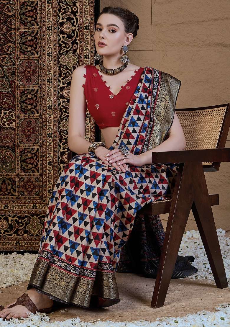 Beige Printed Viscose Silk Blend Saree Set - Indya