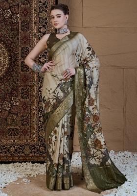 Beige Printed Viscose Silk Saree Set