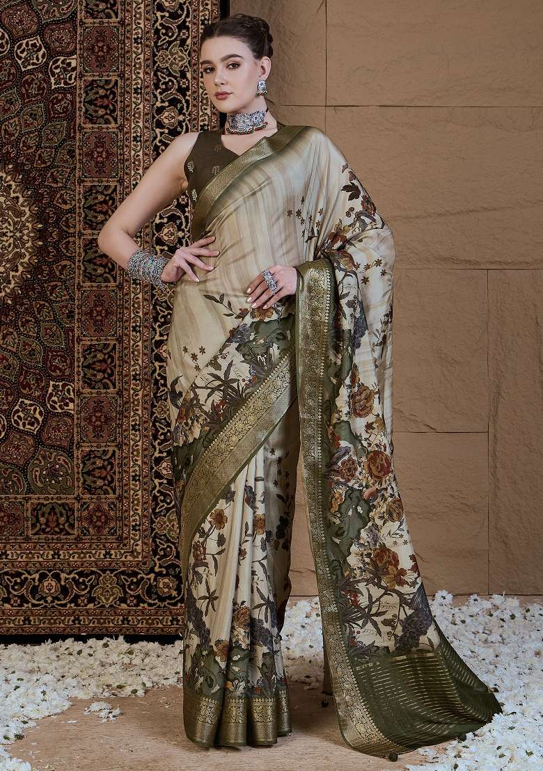 Beige Printed Viscose Silk Blend Saree Set - Indya