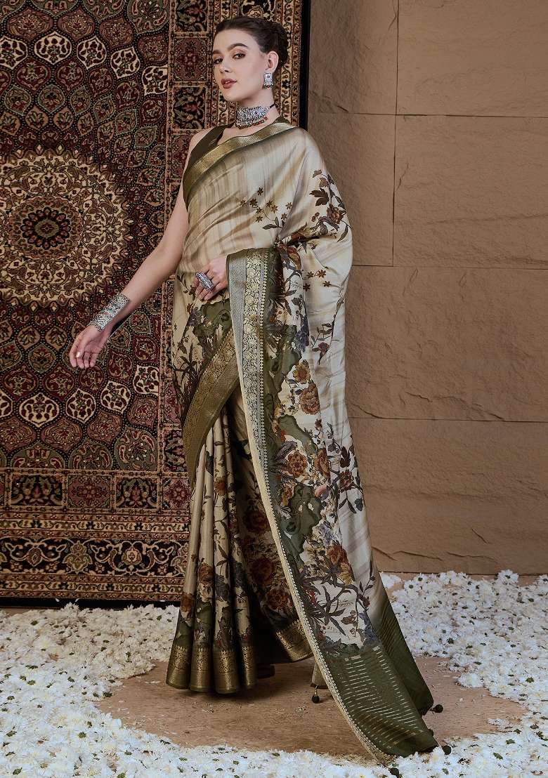 Beige Printed Viscose Silk Blend Saree Set - Indya