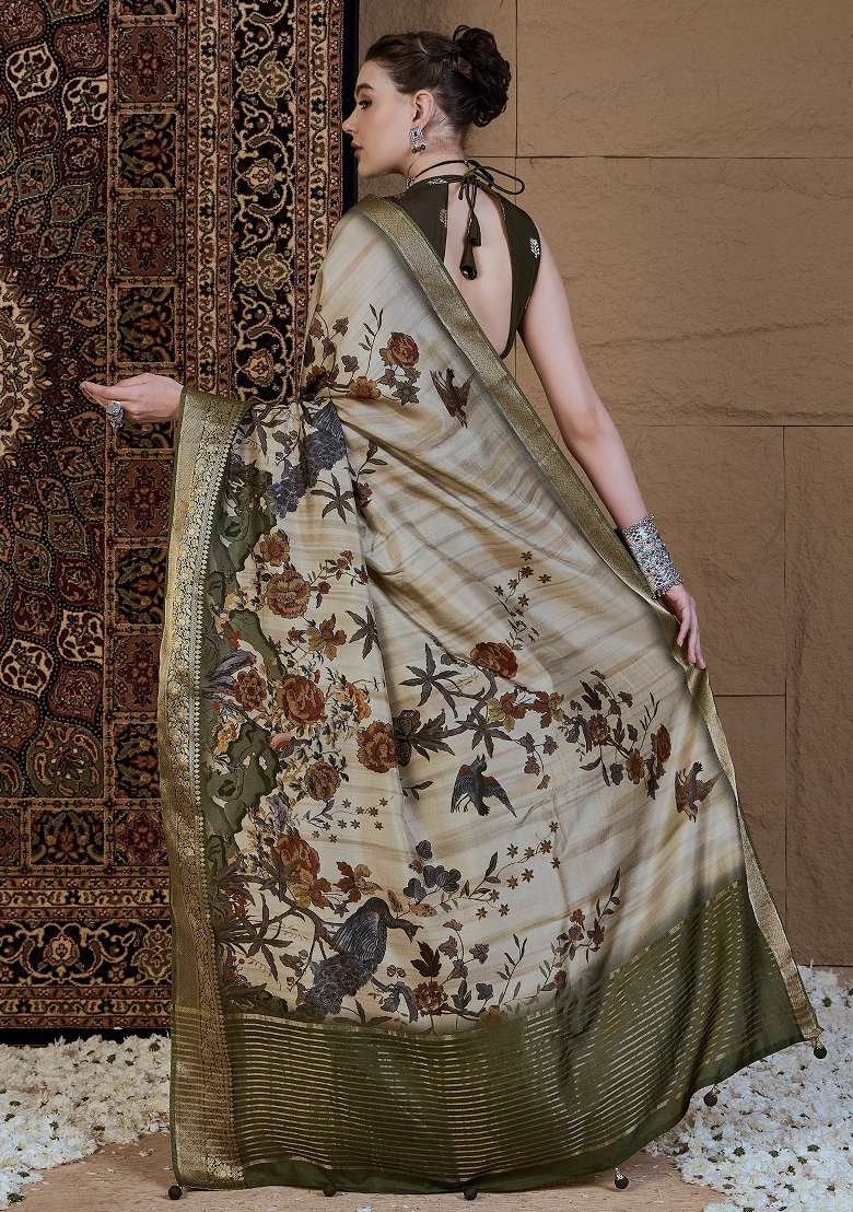 Beige Printed Viscose Silk Blend Saree Set - Indya