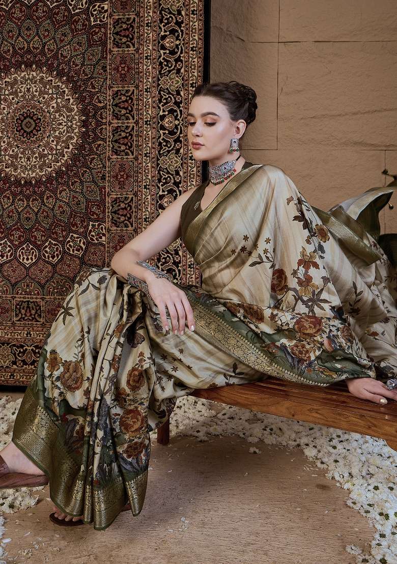 Beige Printed Viscose Silk Blend Saree Set - Indya