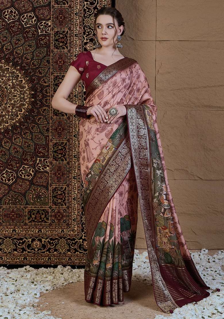 Peach Printed Viscose Silk Blend Saree Set - Indya