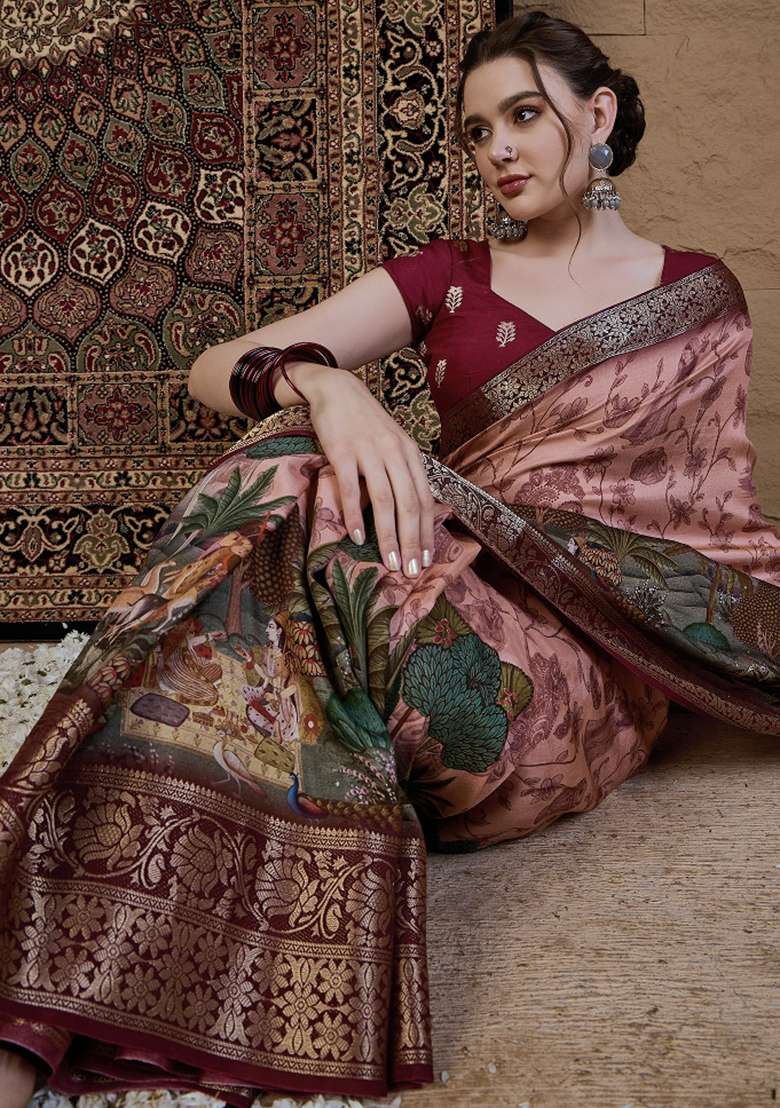 Peach Printed Viscose Silk Blend Saree Set - Indya