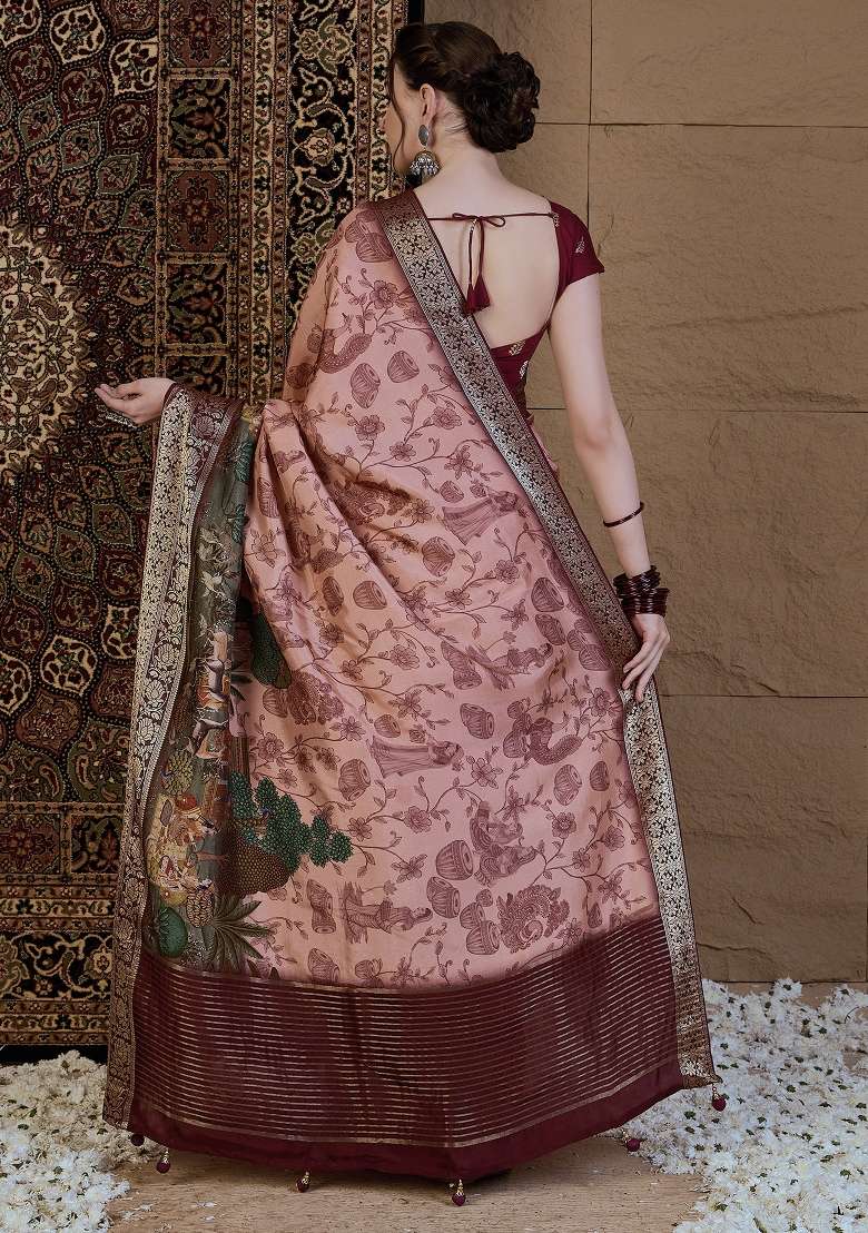 Peach Printed Viscose Silk Blend Saree Set - Indya