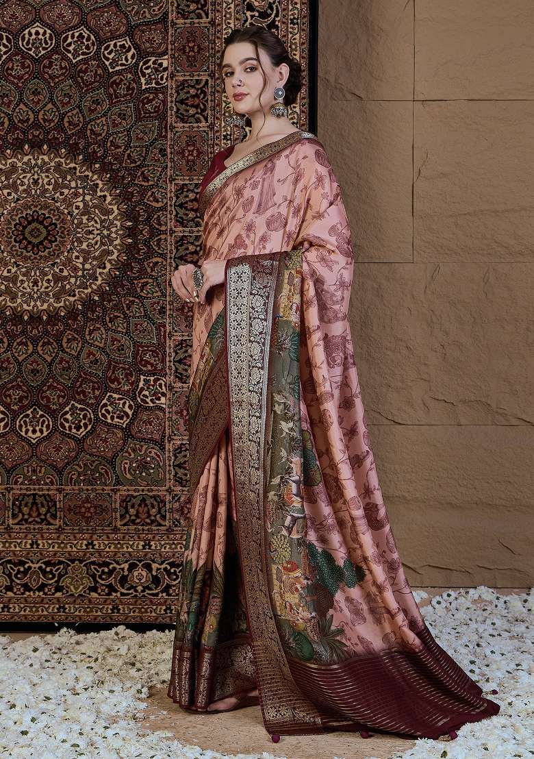 Peach Printed Viscose Silk Blend Saree Set - Indya