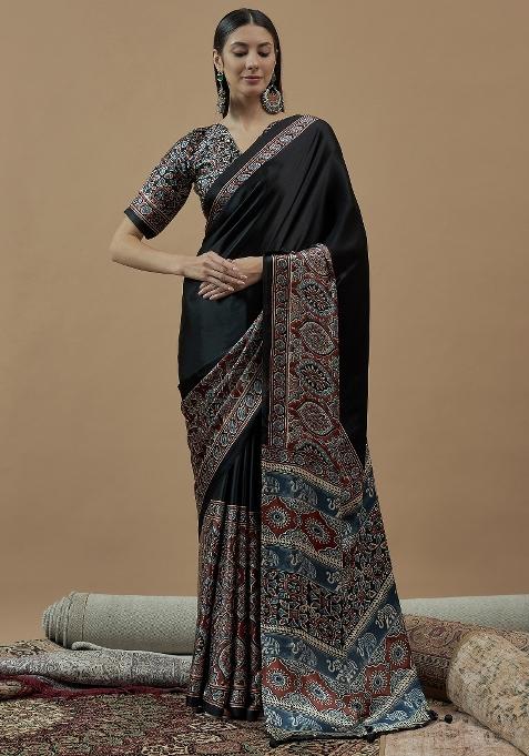 Black Printed Crepe Saree Set — view on Indya