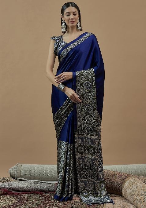 Blue Printed Crepe Saree Set — view on Indya