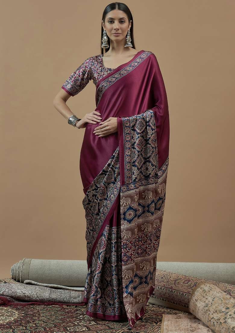 Magenta Printed Crepe Saree Set - Indya