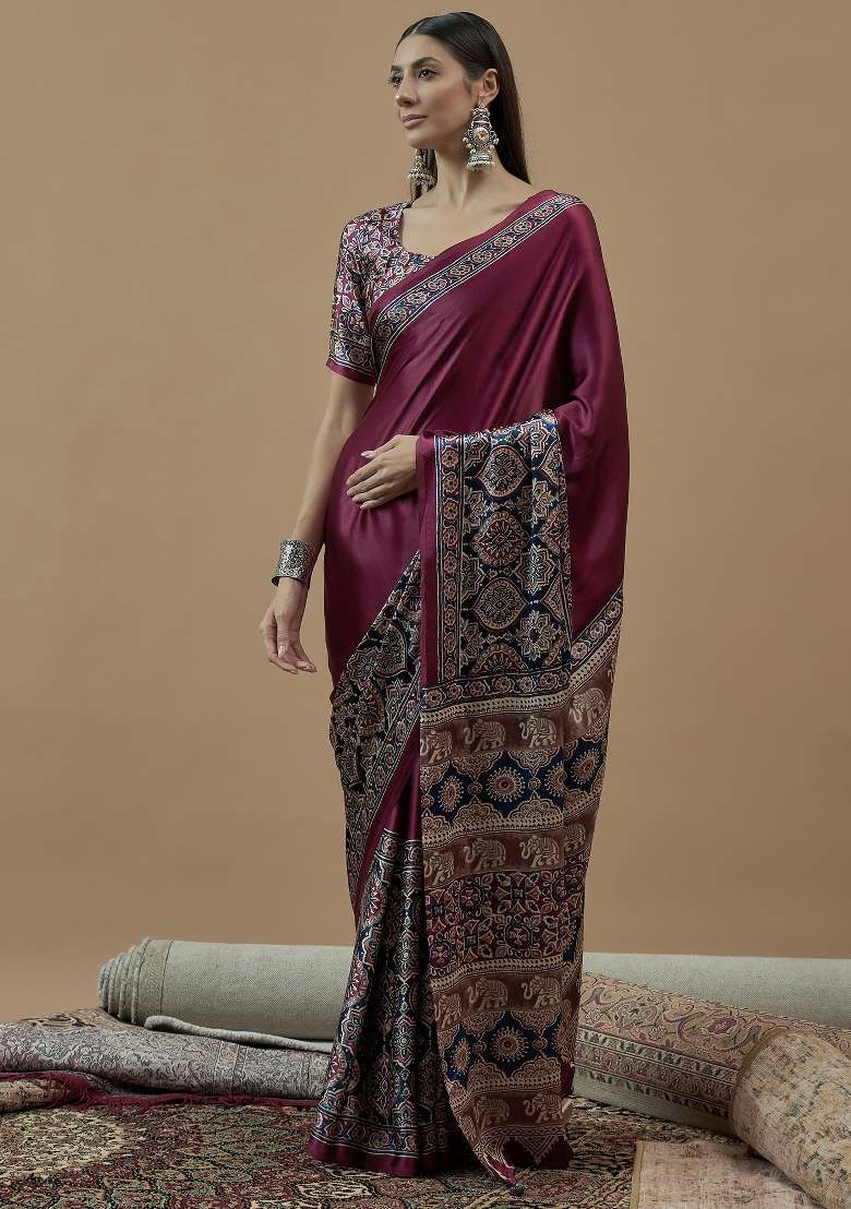 Magenta Printed Crepe Saree Set - Indya