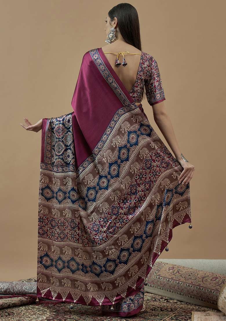 Magenta Printed Crepe Saree Set - Indya