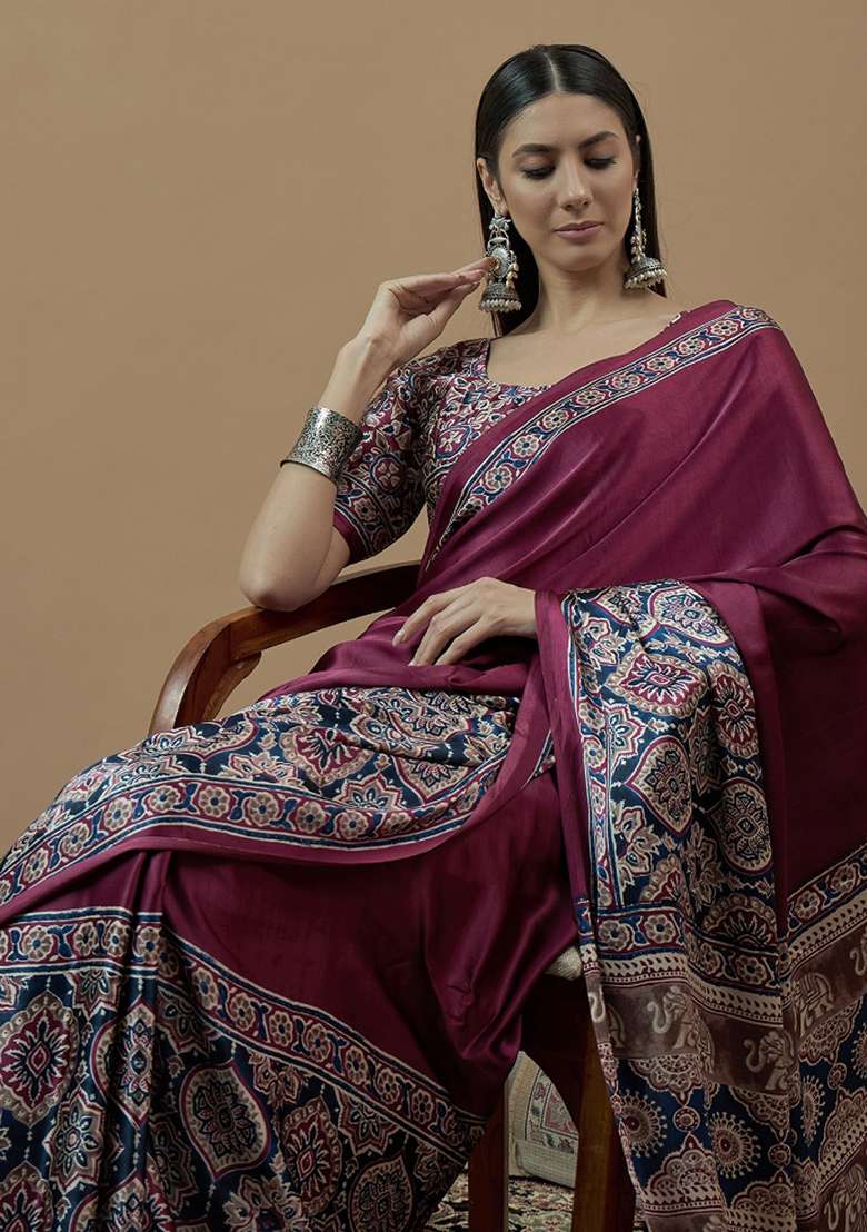 Magenta Printed Crepe Saree Set - Indya