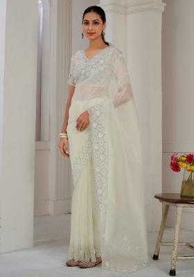 Off White Printed Organza Saree Set