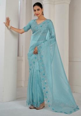 Light Blue Printed Organza Saree Set