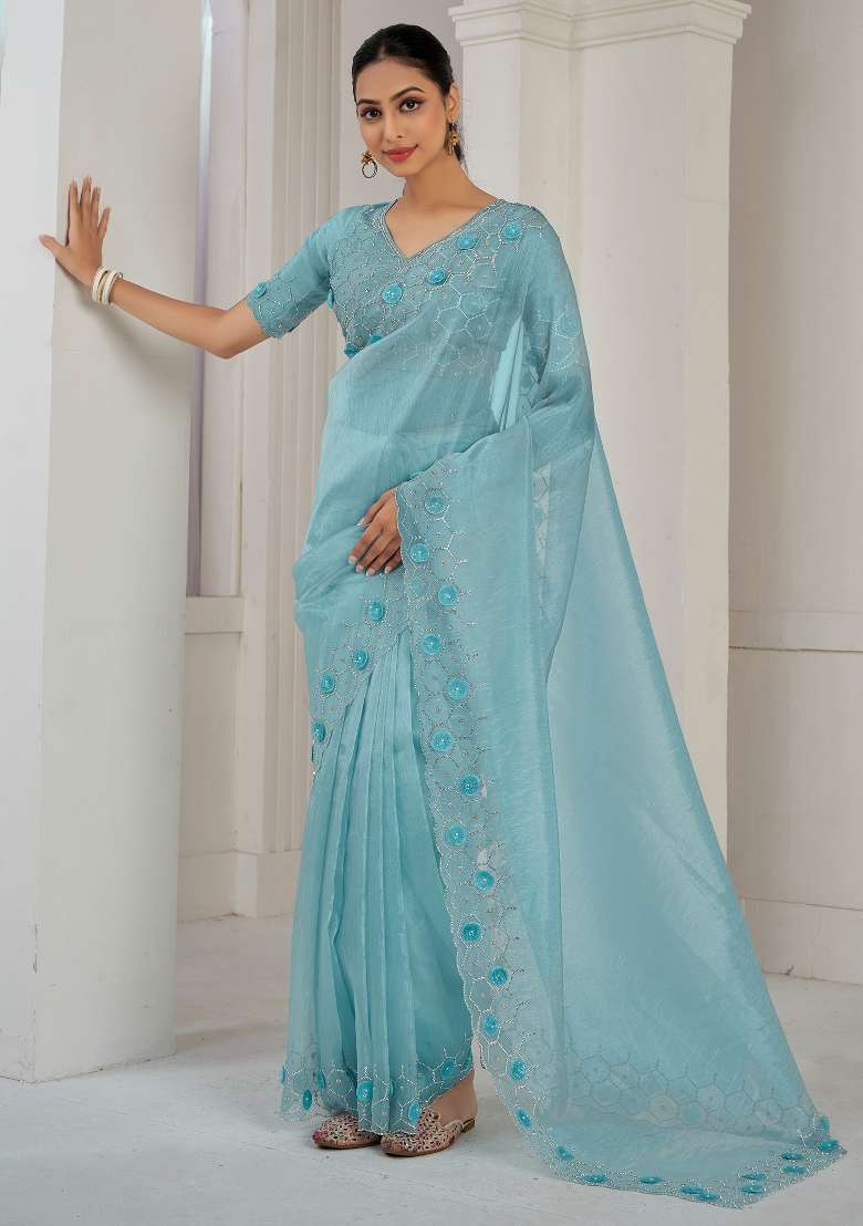 Light Blue Printed Organza Saree Set - Indya