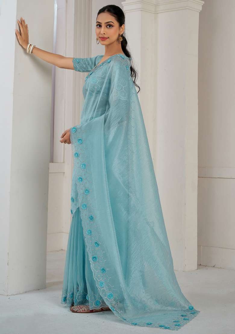 Light Blue Printed Organza Saree Set - Indya