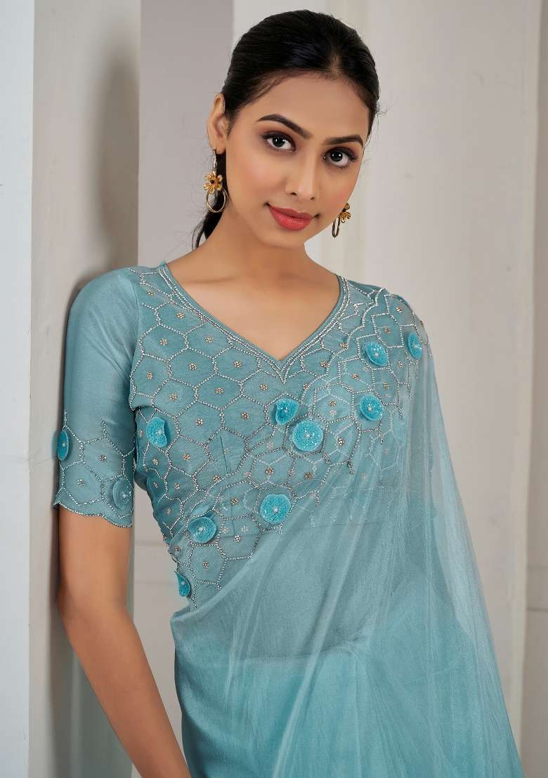 Light Blue Printed Organza Saree Set - Indya