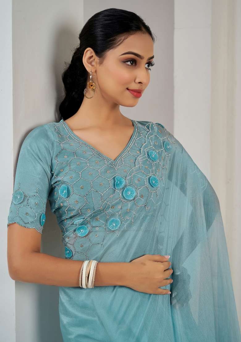 Light Blue Printed Organza Saree Set - Indya