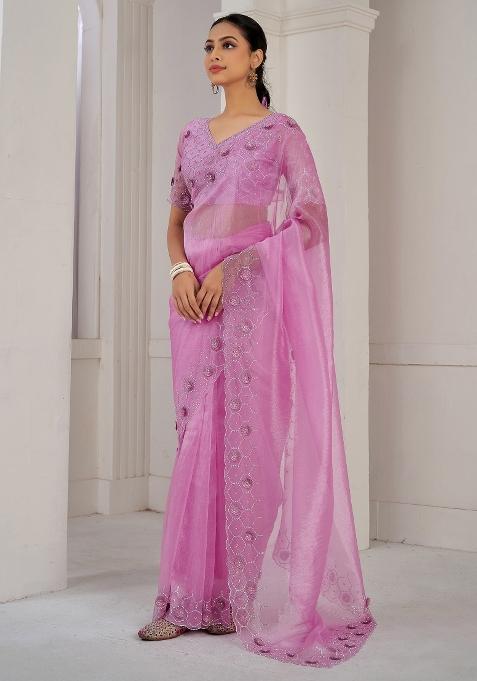 Pink Printed Organza Saree Set — view on Indya