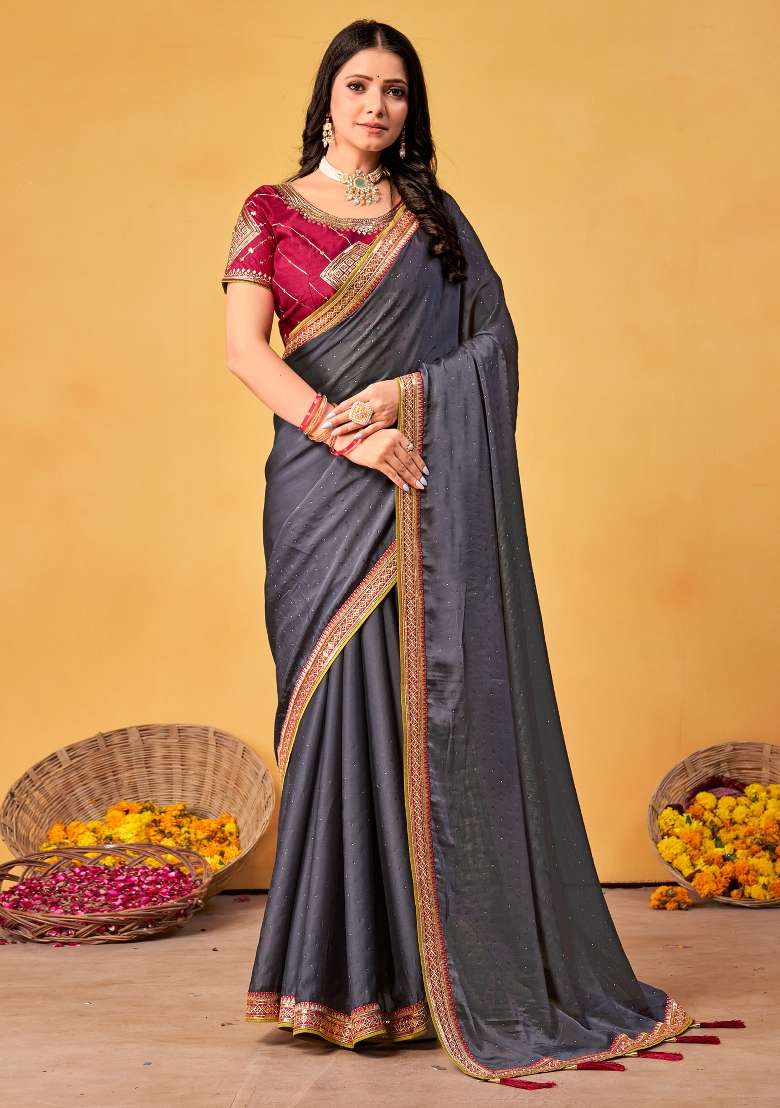 Grey Printed Georgette Saree Set for Diwali and Festive Wear - Indya